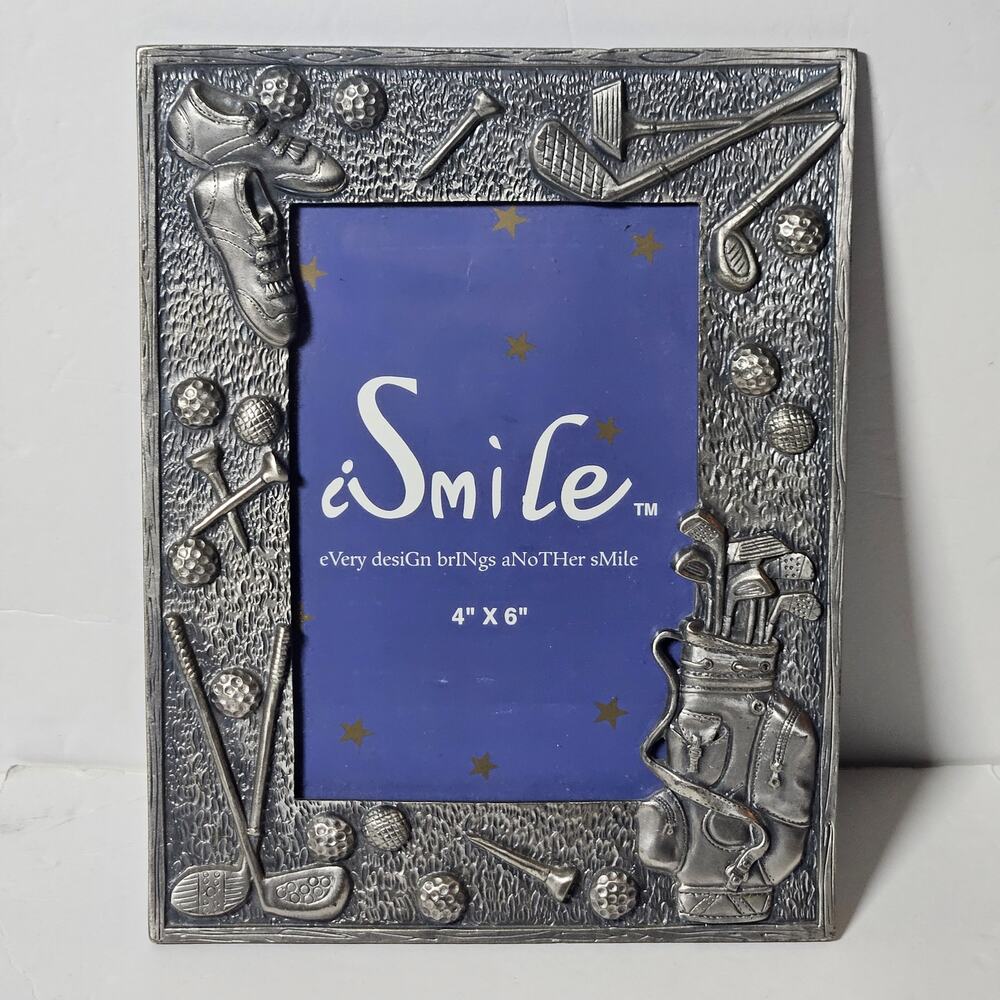 Vintage 1999 iSmile Golf Theme Cast Metal 4x6 Photo Frame - Pewter Tone